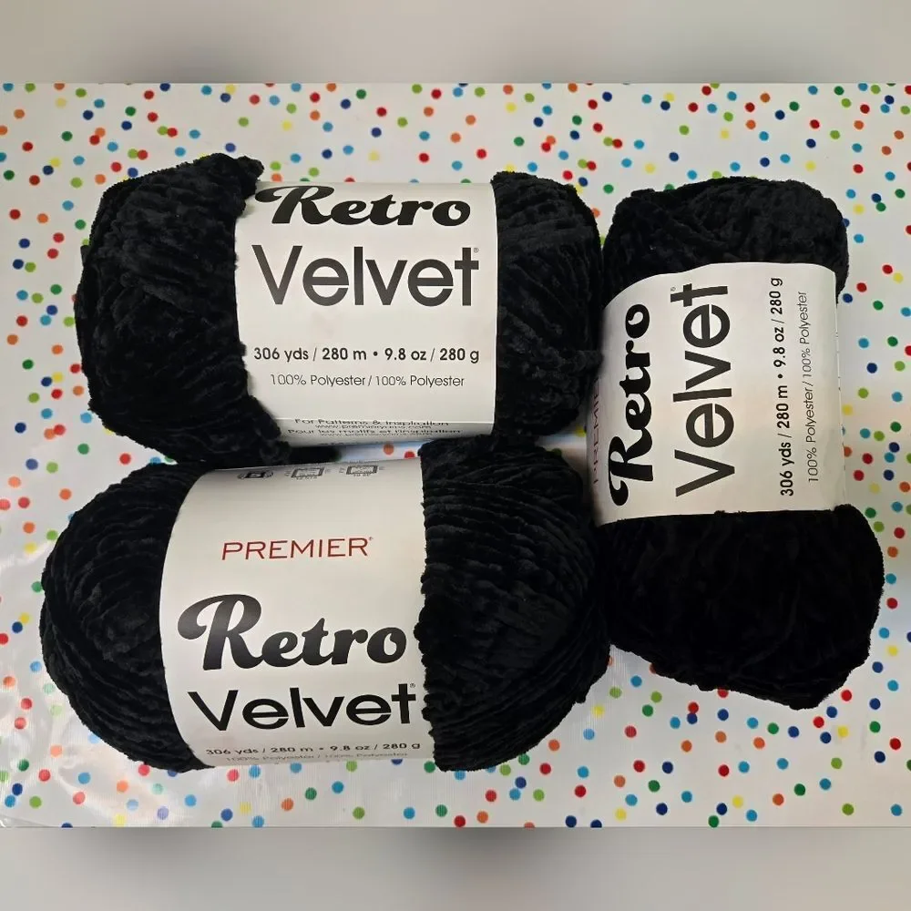🐼🎃🧟‍♂️Premier Retro Velvet Black Yarn NEW 3 SKEINS IN PKG 9.8 OZ 306 YDS EA